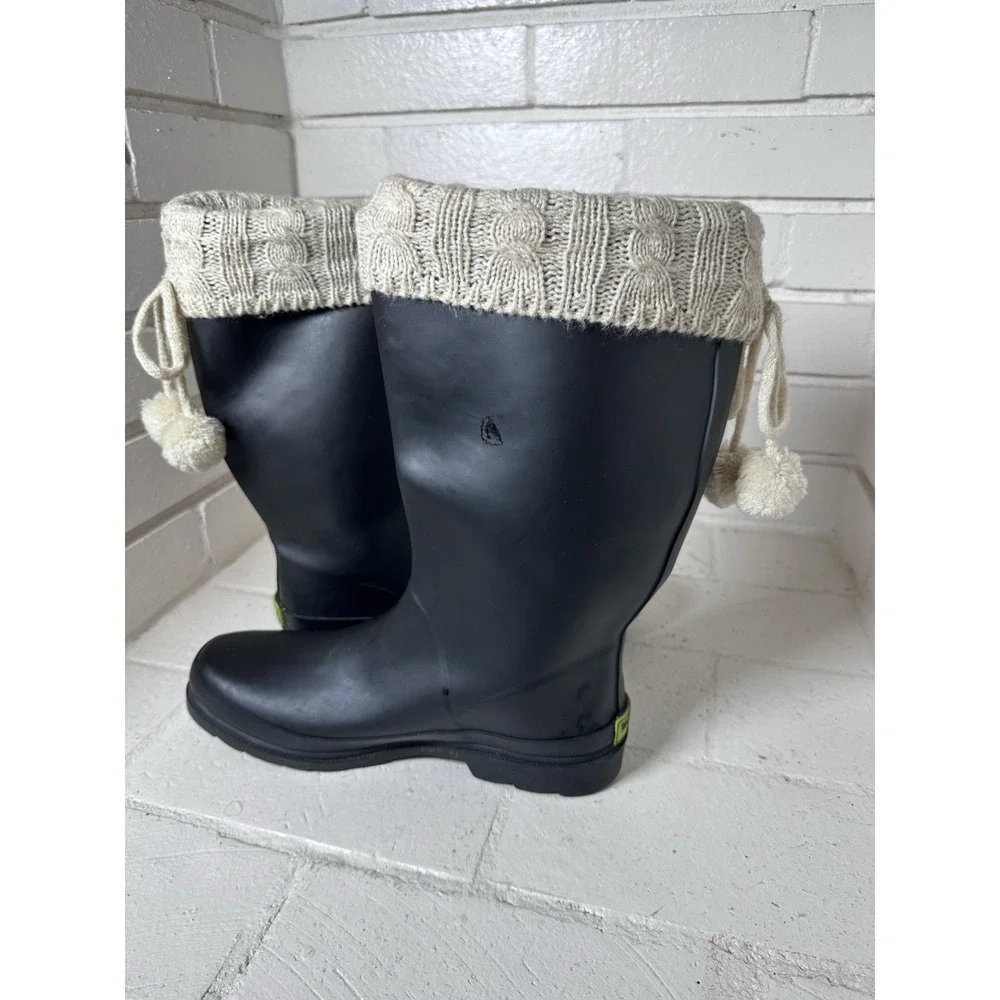 Western Chief Size 10 Black Rain Boots Y2K Disney Cozy Knit Cuff Pom Poms
